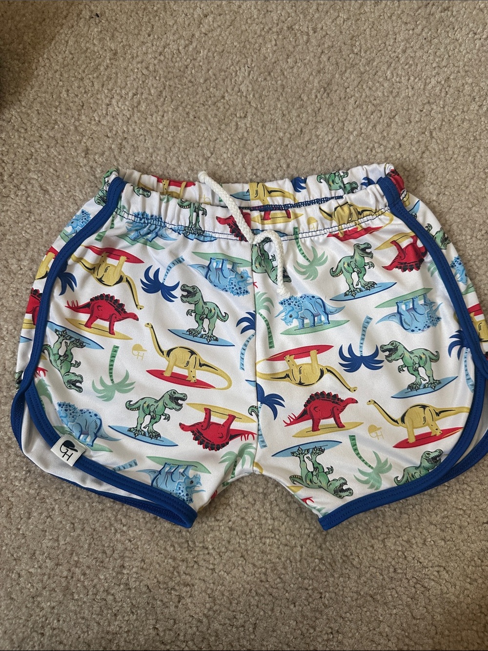 Kids White Dino Surf Print Swim Shorts with Blue Trim - George Hats